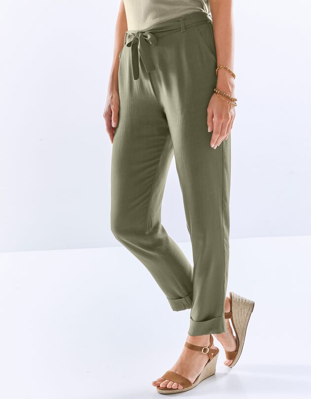 Pantalon 7/8ème fuselée uni, tissu fluide (kaki)
