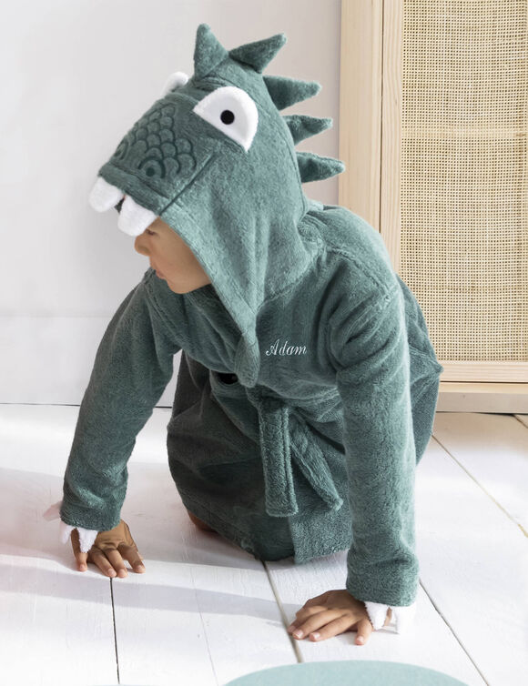 Peignoir de bain enfant à capuche dinosaure personnalisable - 340g/m² (eucalyptus)