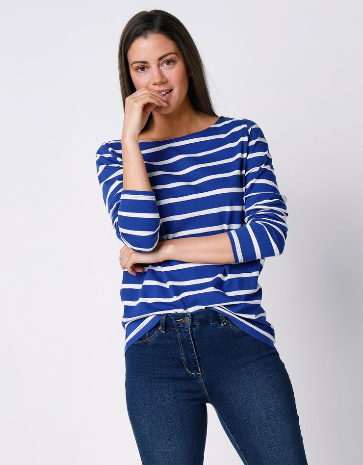 Tee-shirt marinière manches longues en coton bio, éco-responsable (bleu dur / blanc)