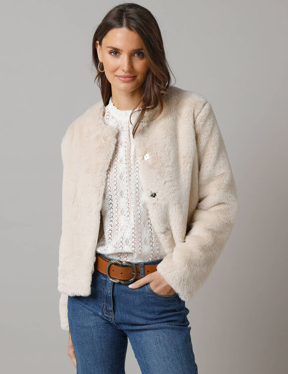Veste duveteuse boutonn&eacute;e, manches longues (beige)