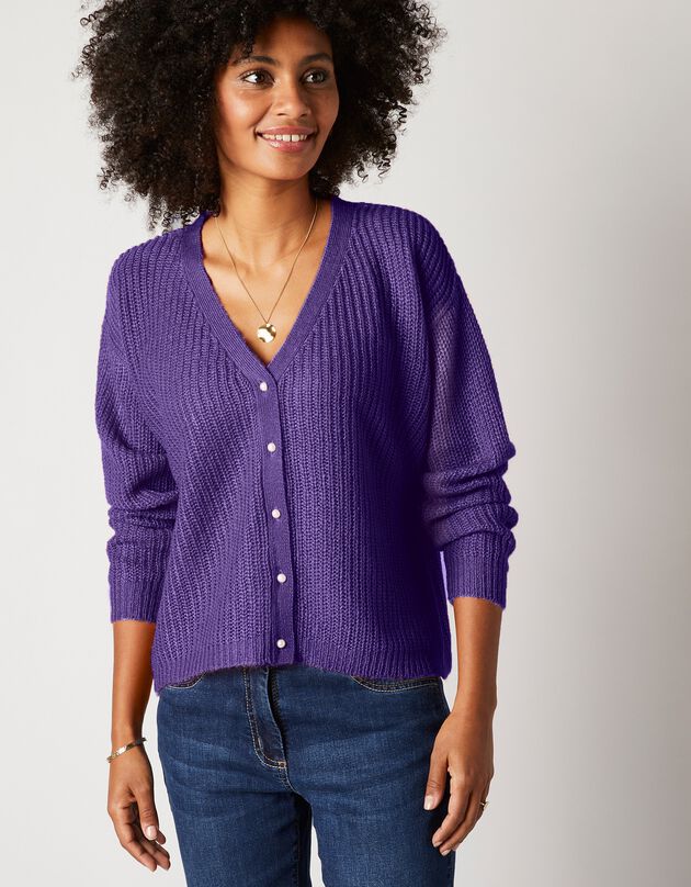 Gilet col V boutonné, maille anglaise toucher mohair (violet)