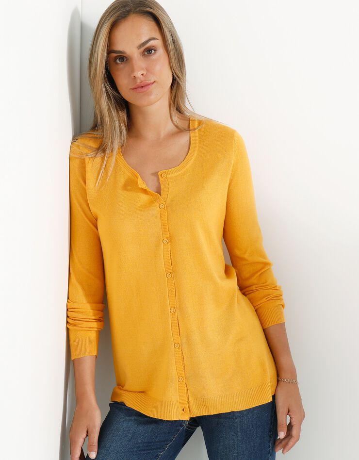 Cardigan boutonné col rond uni toucher cachemire (mangue)