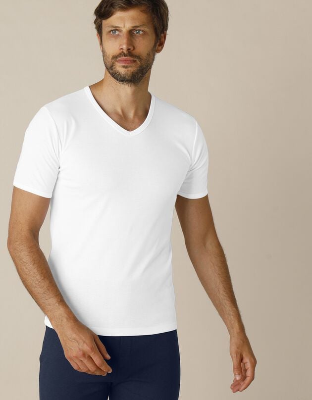 Tee-shirt sous-vêtement homme col V manches courtes polyester - lot de 2 (blanc)