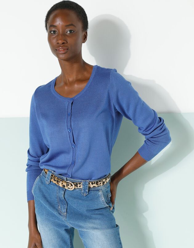 Cardigan boutonné col rond uni toucher cachemire (bleu dur)