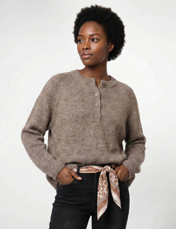 Pull col tunisien boutonn&eacute; &agrave; manches marteau (taupe chin&eacute;)