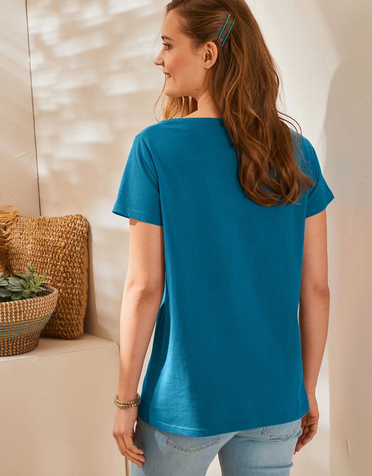 Tee-shirt col rond manches courtes uni coton (bleu paon)