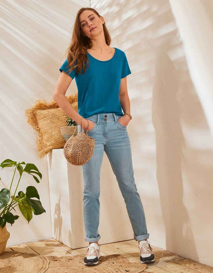 Tee-shirt col rond manches courtes uni coton (bleu paon) Tee-shirt col rond manches courtes uni coton (bleu paon)