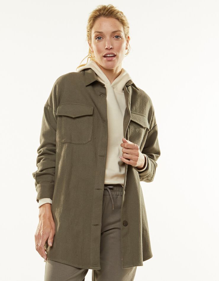 Veste surchemise unie, flanelle grattée (kaki) Veste surchemise unie, flanelle grattée (kaki)