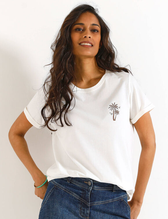 T-shirt manches courtes, imprim&eacute; poitrine palmiers (&eacute;cru / chocolat)
