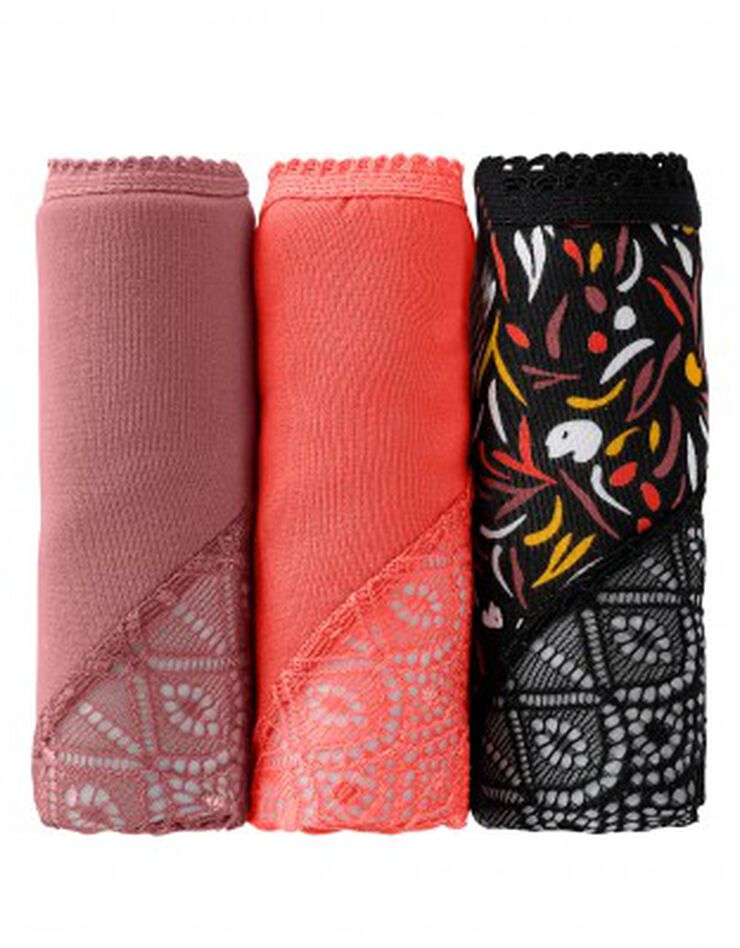 Shorty coton stretch imprimé et dentelle - lot de 3 (noisette + corail + noir) Shorty coton stretch imprimé et dentelle - lot de 3 (noisette + corail + noir)