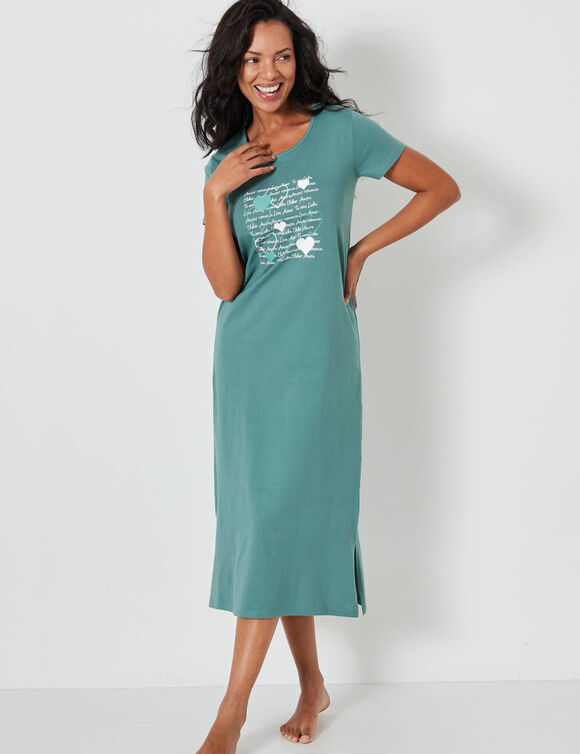 Chemise de nuit longue imprimée cœurs (kaki)