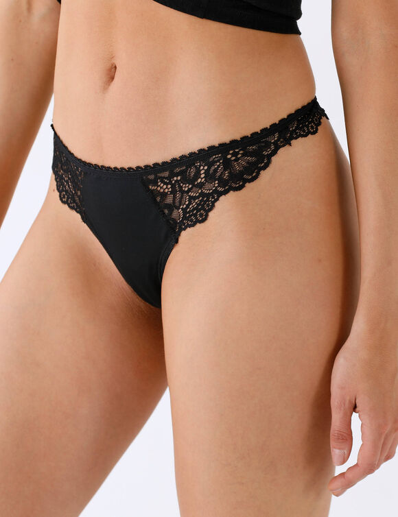 String microfibre et dentelle - lot de 2 (noir + nude)