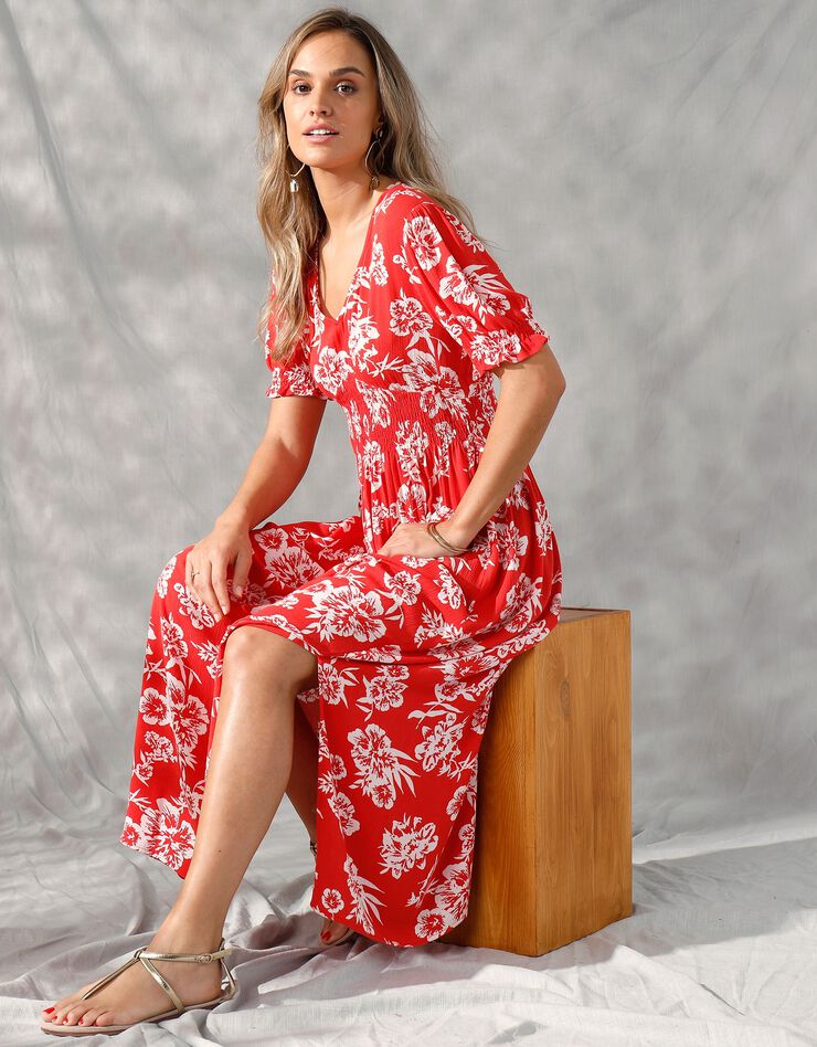 Robe longue découpe smockée imprimée bicolore (rouge / écru)