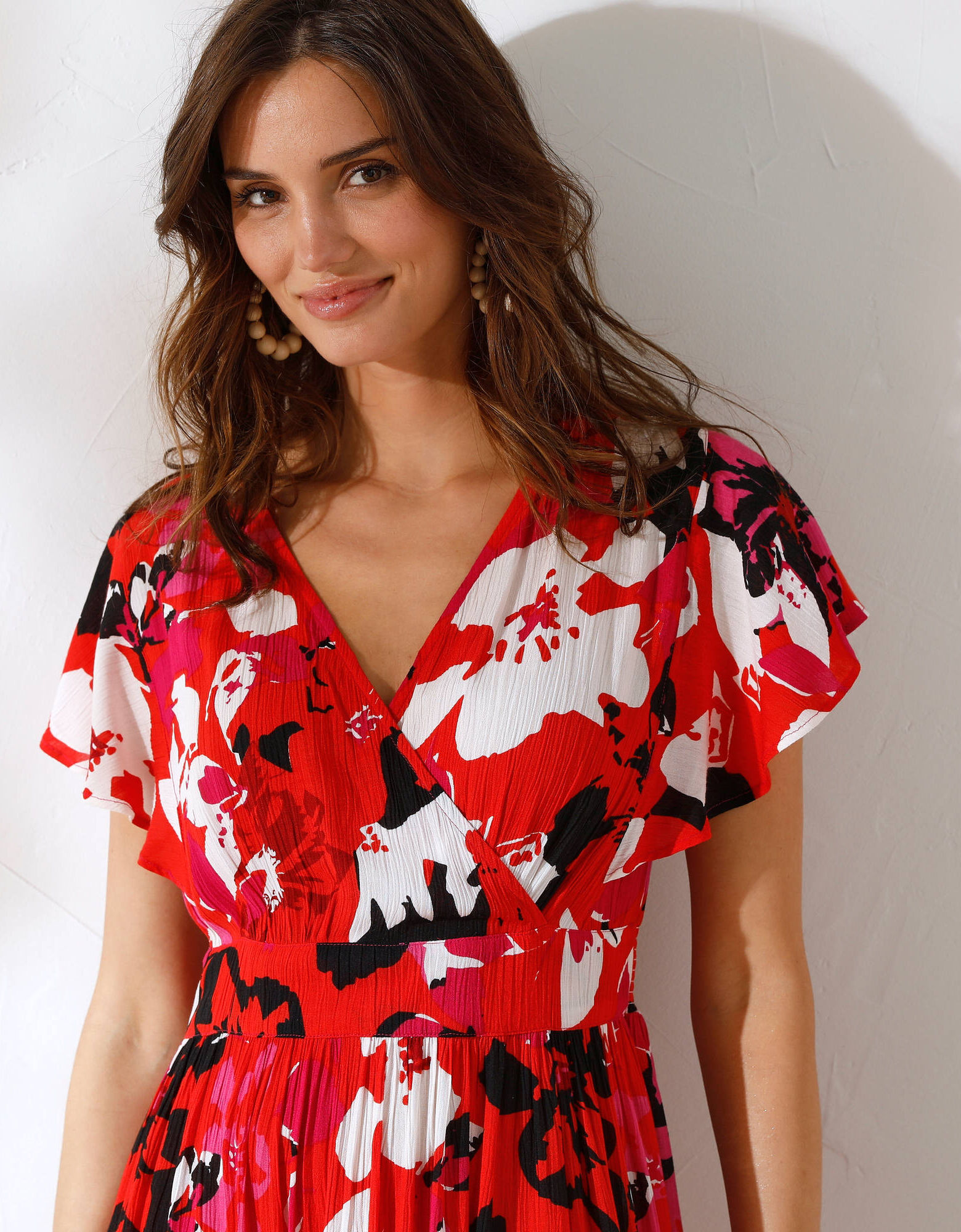 Robe cache-coeur imprim?�e, cr?�pon, rouge / rose | Blancheporte