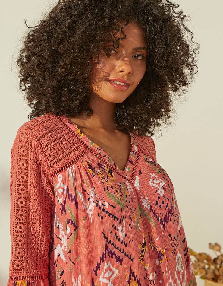 Tunique imprimée ample, détails macramé (corail) Tunique imprimée ample, détails macramé (corail)