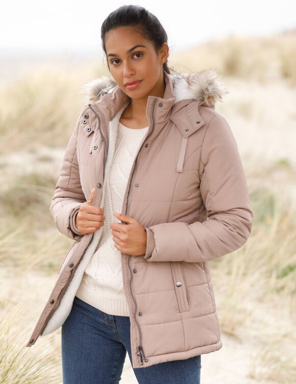 Doudoune à capuche imperméable, doublée polaire sherpa (rose grisé)
