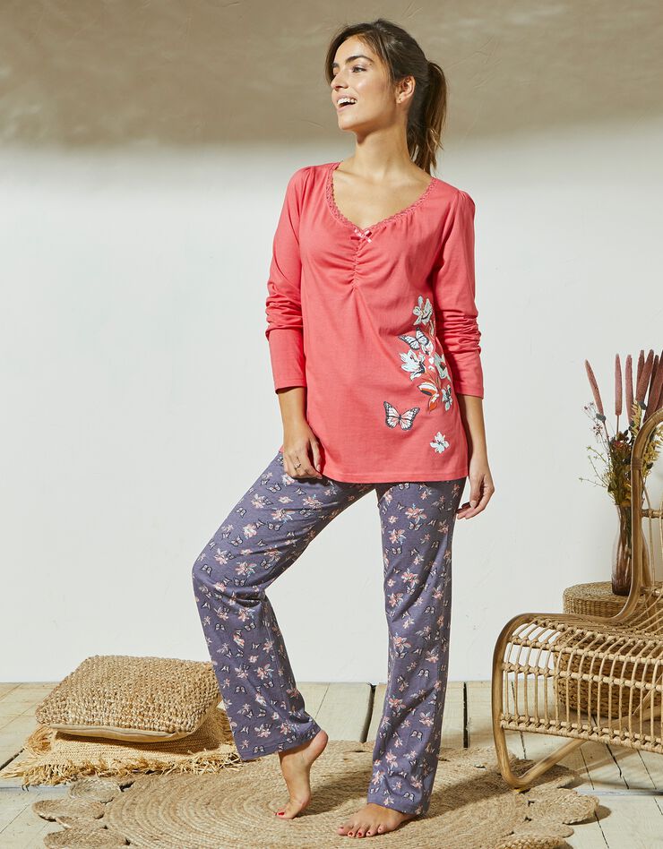 T-shirt pyjama manches longues imprimé placé papillons (corail) T-shirt pyjama manches longues imprimé placé papillons (corail)