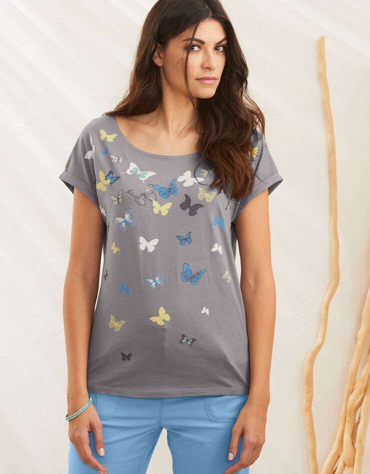 Tee-shirt boite, imprimé papillons (gris) Tee-shirt boite, imprimé papillons (gris)