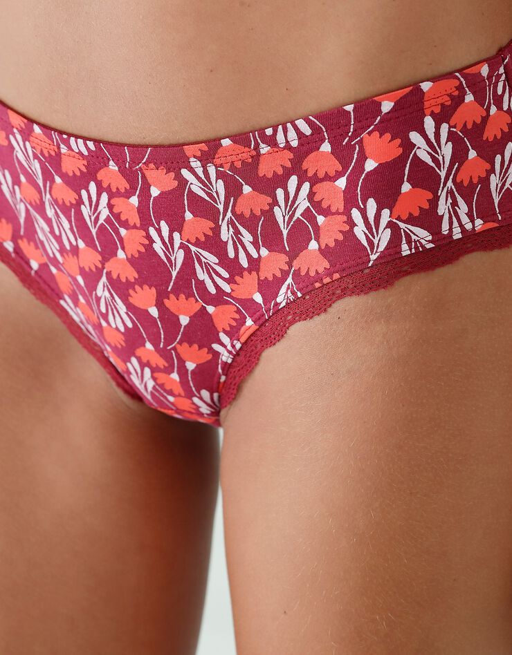 Culotte forme midi coton stretch imprimé " fleurs" et dentelle - lot de 3 (prune / corail) Culotte forme midi coton stretch imprimé " fleurs" et dentelle - lot de 3 (prune / corail)