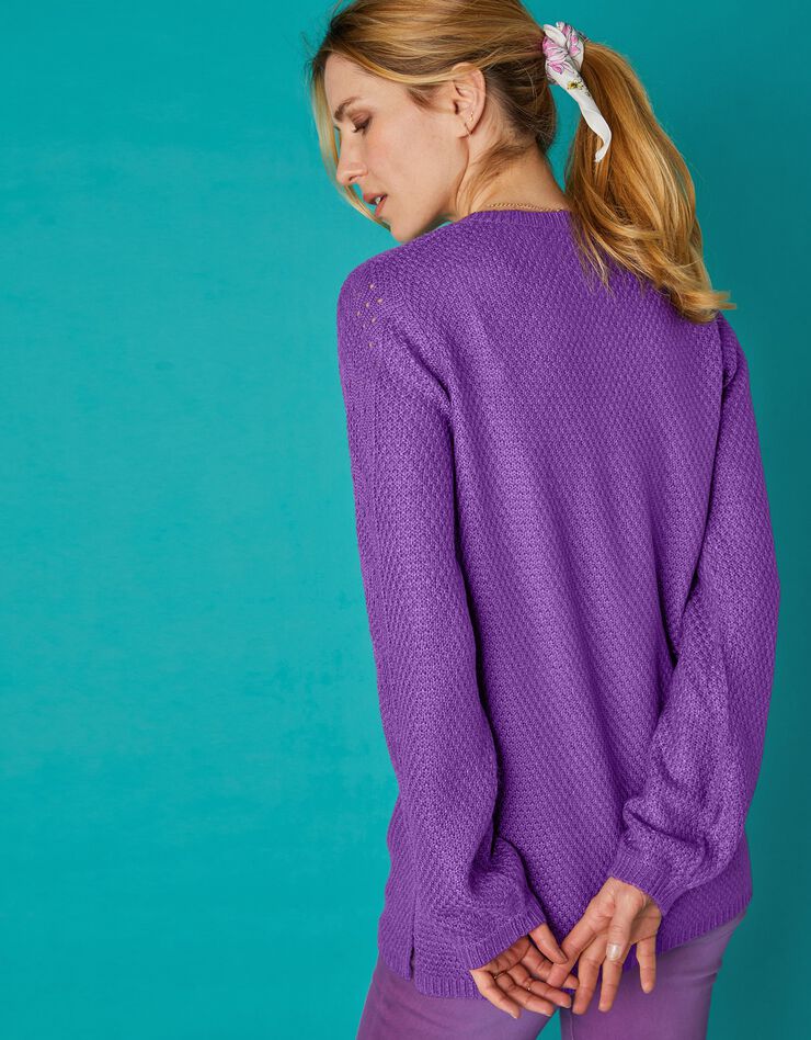 Pull tunique col V maille ajourée toucher mohair (violine) Pull tunique col V maille ajourée toucher mohair (violine)