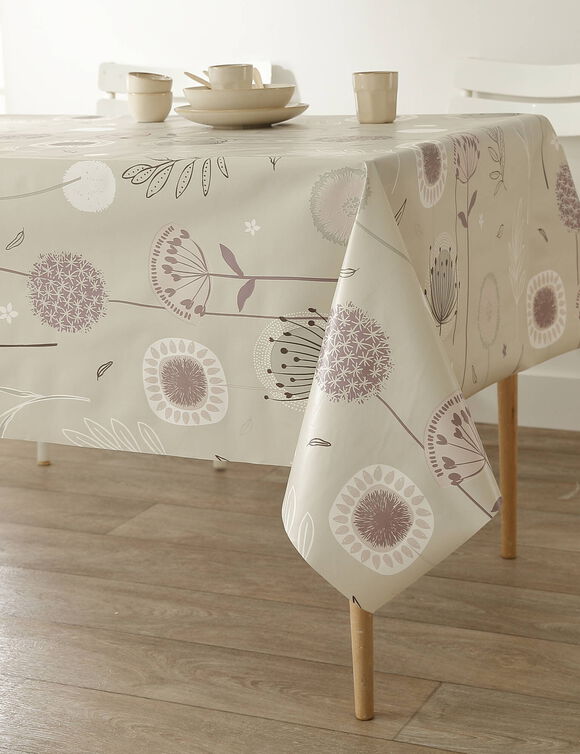 Nappe toile cir&eacute;e imprim&eacute; pissenlits (taupe)