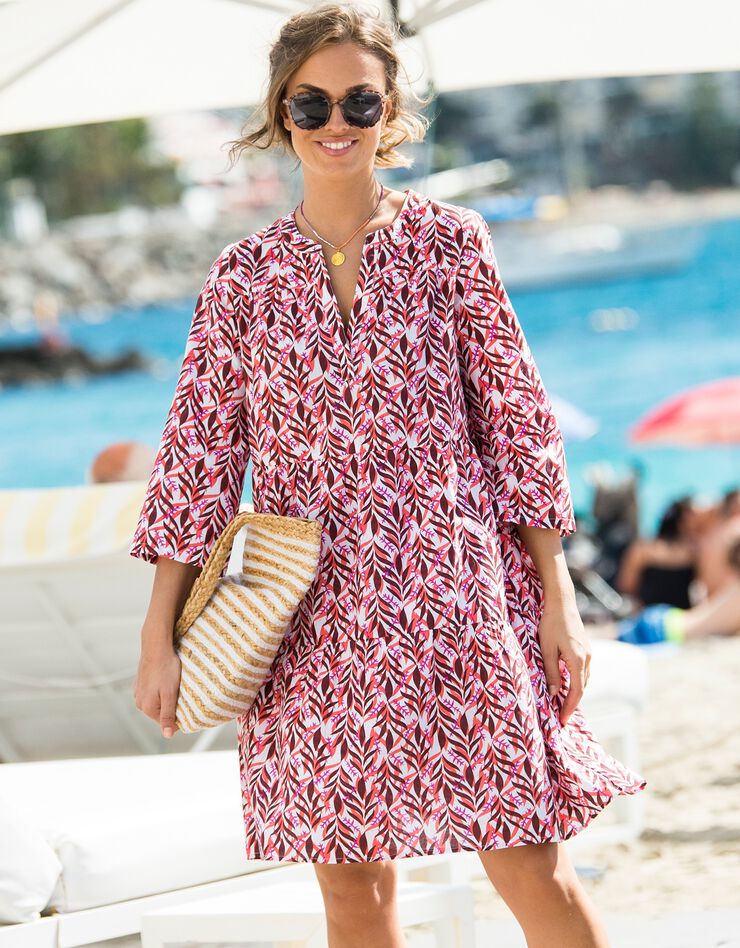 Robe courte volantée imprimée (blanc / corail)