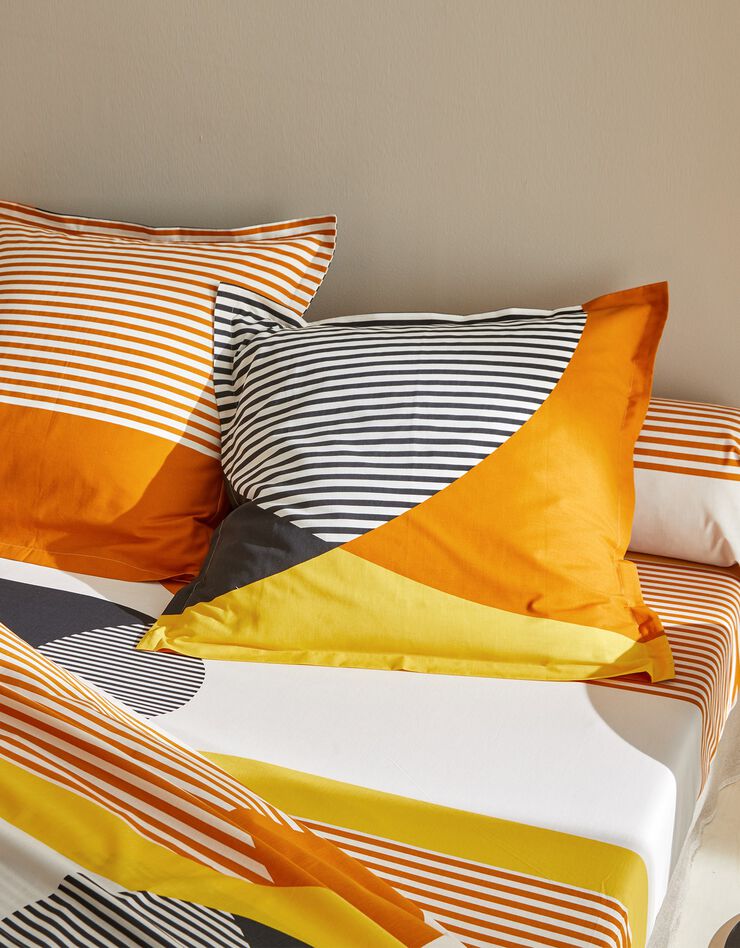 Linge de lit Nico en coton imprimé rayures style graphique (miel)