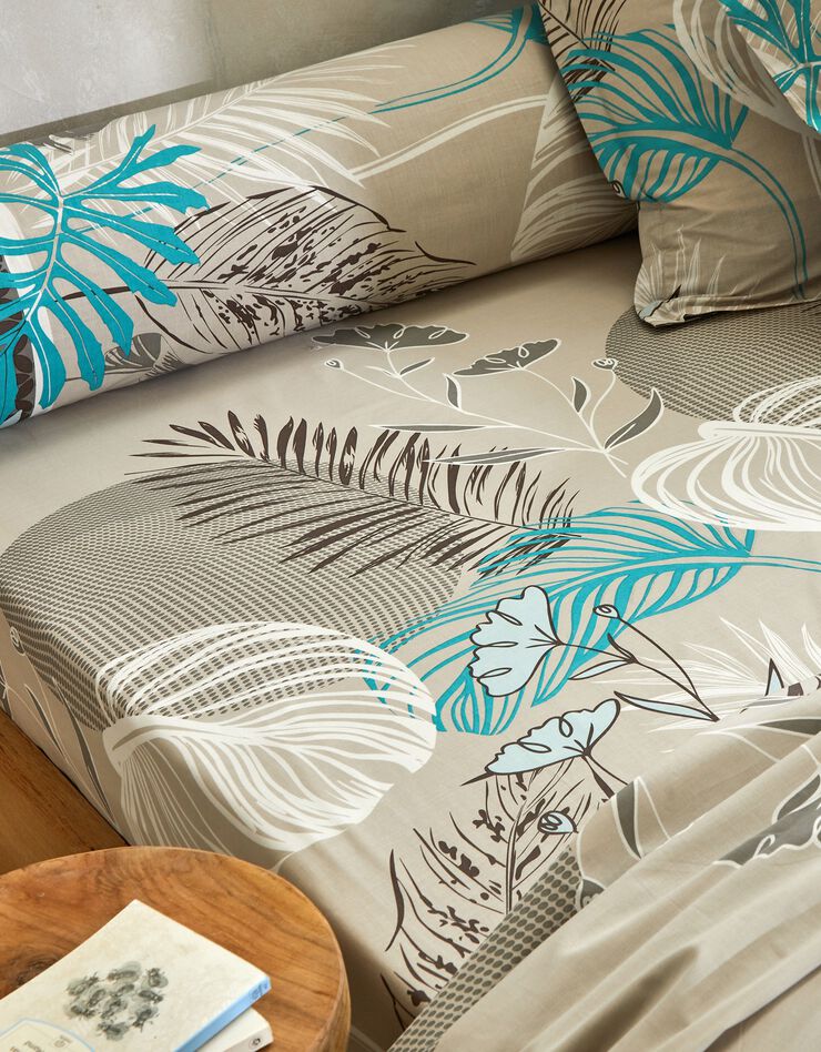 Linge de lit Jane en coton imprimé feuillages (taupe)