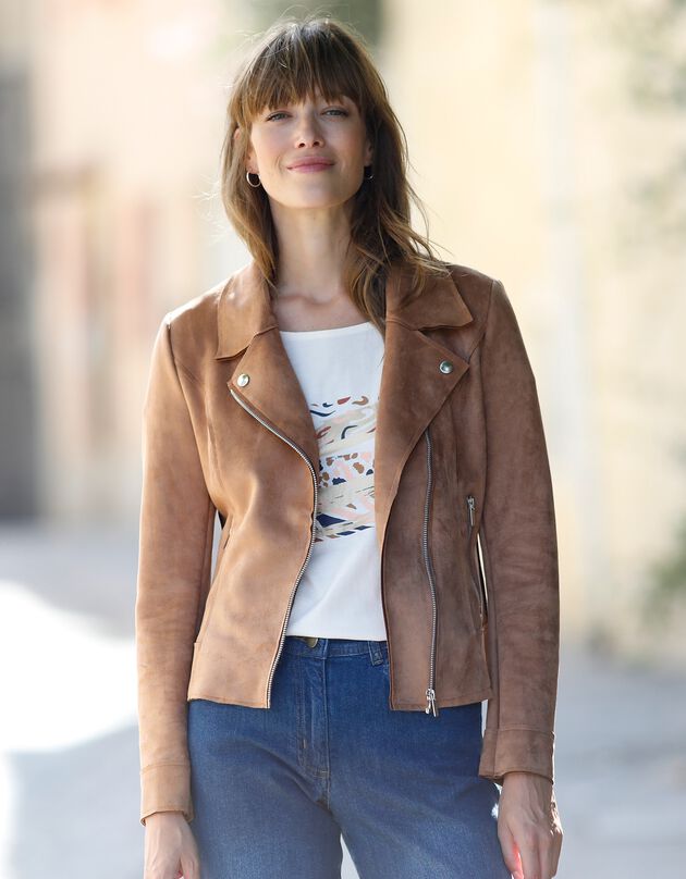 Blouson zippé col tailleur pressionné, suédine (caramel)