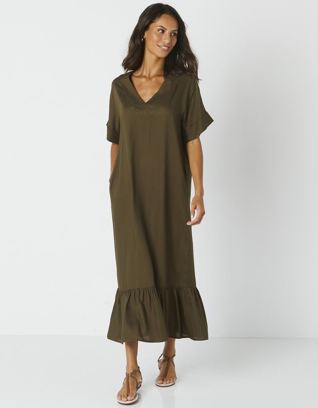Robe longue volantée unie, spécial petites (kaki)