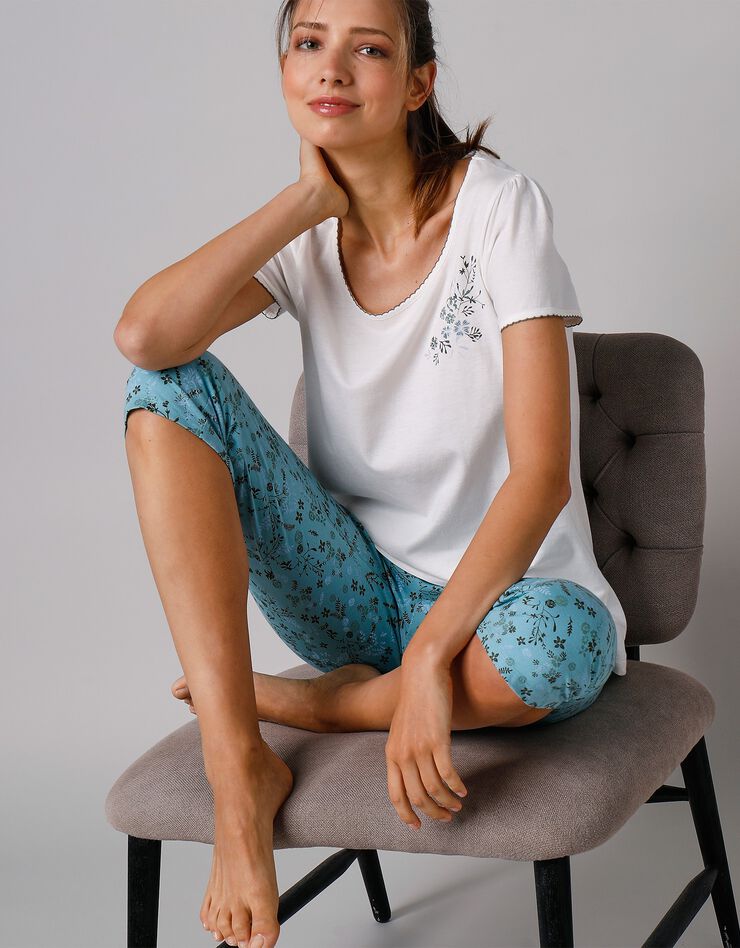 Tee-shirt de pyjama manches courtes imprimé placé fleurs (écru)
