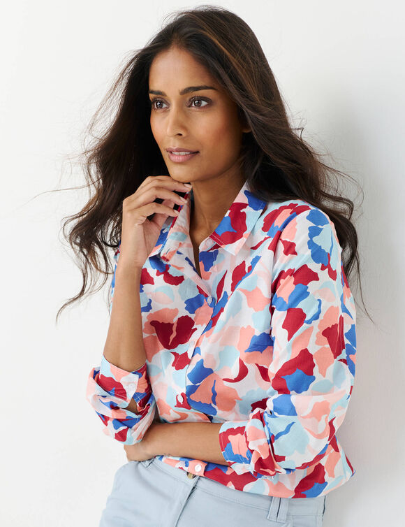 Chemisier imprim&eacute; floral, voile de coton (blanc / bleu)