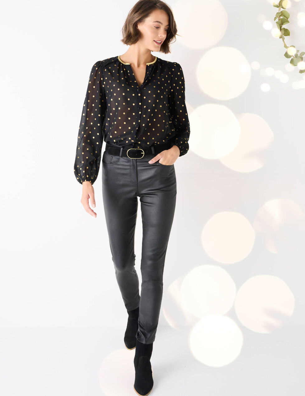 Chemisier imprim?� pois dor?�, voile, noir | Blancheporte