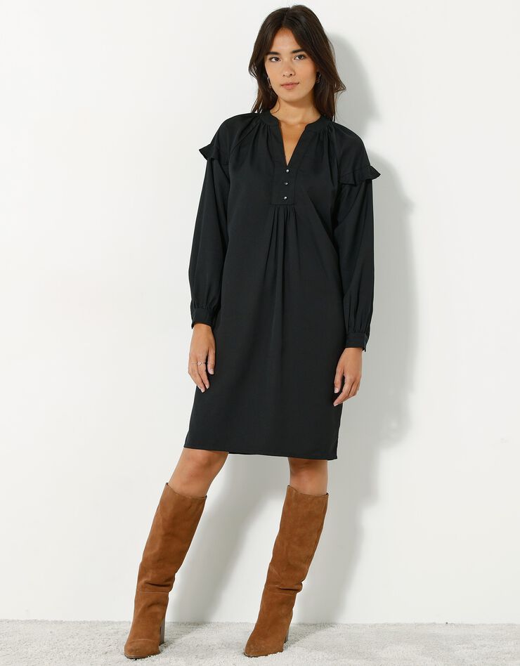Robe forme housse volantée unie en polyester recyclé(1) (noir)