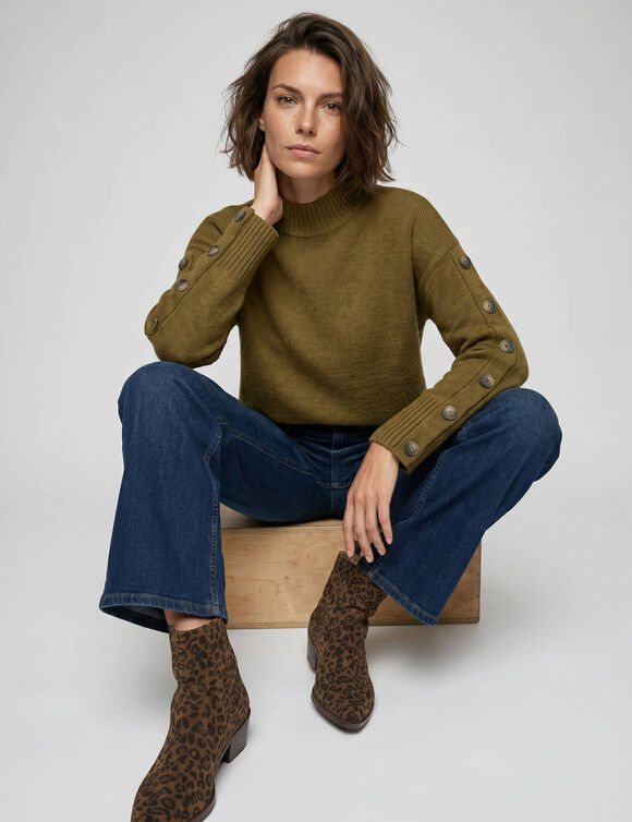 Pull col chemin&eacute;e, manches longues boutonn&eacute;es (vert olive)