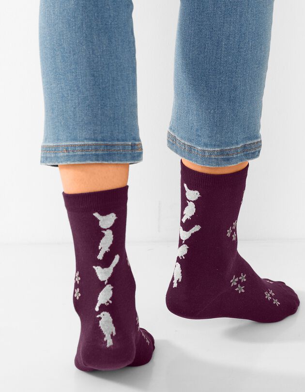 Lot de 4 paires de chaussettes coton majoritaire  motifs "oiseaux" (écru + gris + bordeaux)