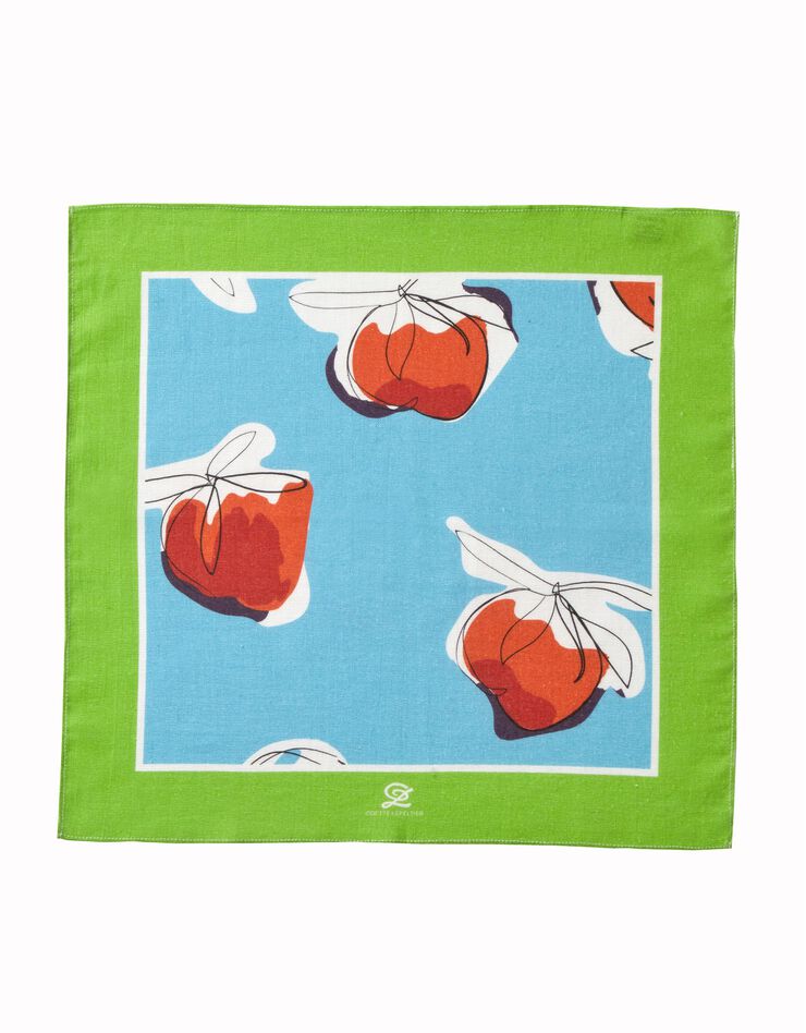 Foulard fabriqué en France imprimé pêches, 48x48 cm, coton biologique, collection "Odette Lepeltier" (bleu grisé)