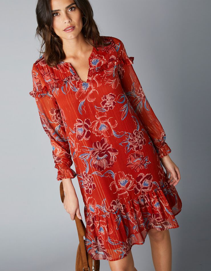 Robe évasée en voile fleuri, rayures dorées (rouille) Robe évasée en voile fleuri, rayures dorées (rouille)