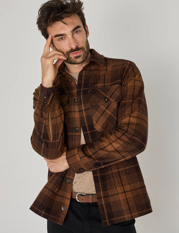 Surchemise boutonn&eacute;e flanelle carreaux qualit&eacute; lourde (marron clair)