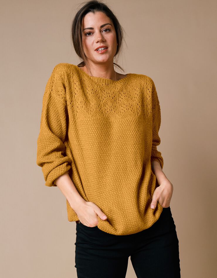 Pull col bateau, maille ajourée toucher mohair (safran) Pull col bateau, maille ajourée toucher mohair (safran)