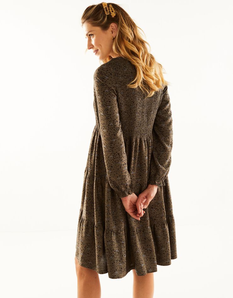 Robe smockée manches longues imprimé peau de bête (bronze / noir) Robe smockée manches longues imprimé peau de bête (bronze / noir)