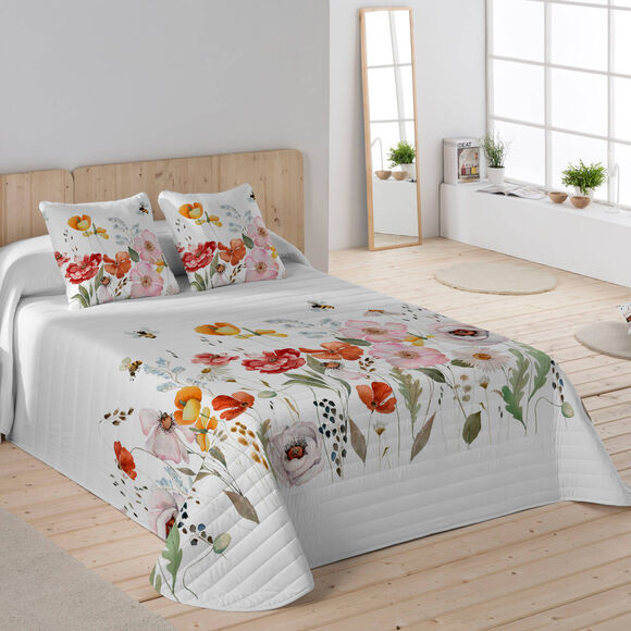 Couvre-lit matelassé imprimé fleuri (blanc / rose)