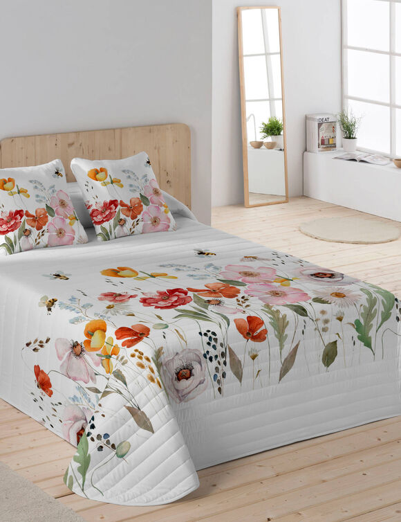 Couvre-lit matelassé imprimé fleuri (blanc / rose)