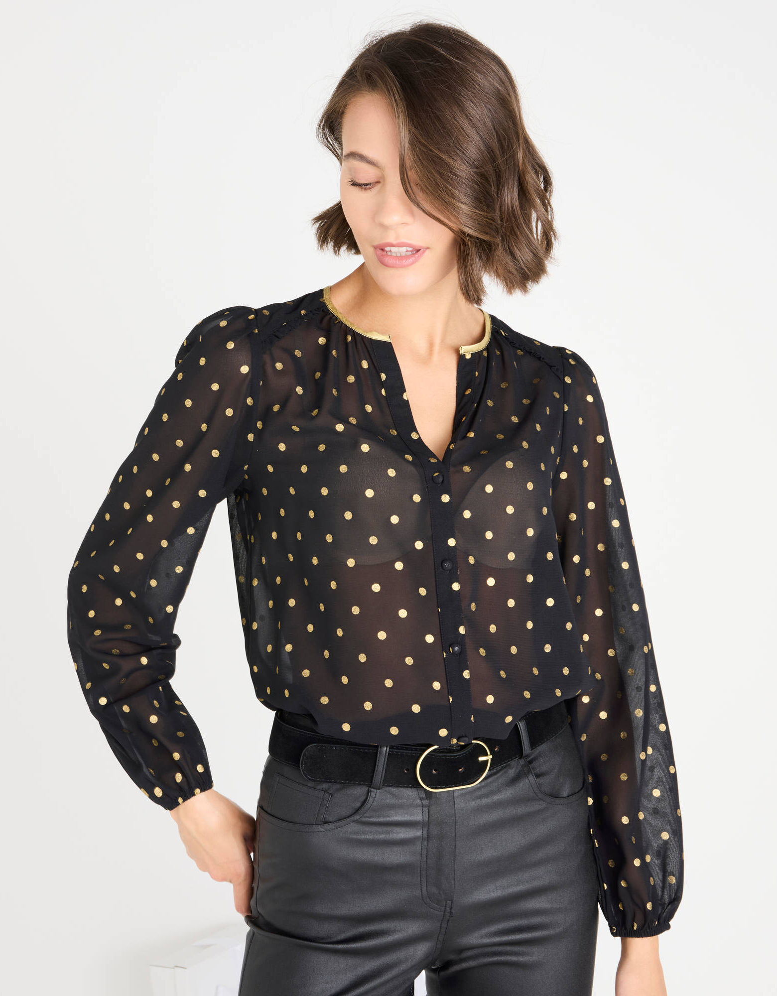 Chemisier imprim?� pois dor?�, voile, noir | Blancheporte