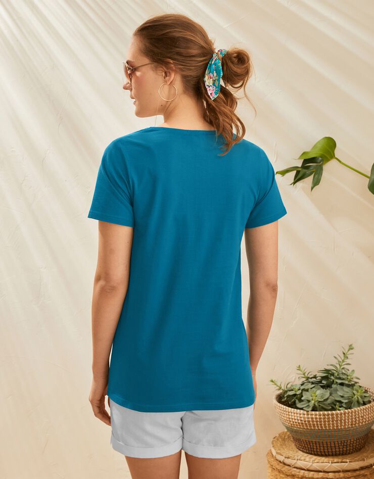 Tee-shirt col carré froncé uni coton bio (bleu paon)