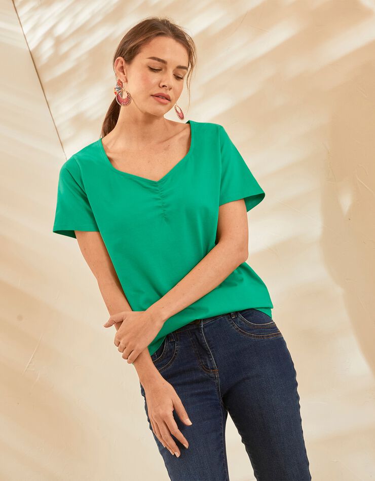 Tee-shirt col carré froncé uni coton bio (vert) Tee-shirt col carré froncé uni coton bio (vert)
