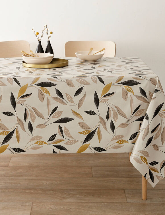 Nappe toile cirée imprimé végétal (beige / noir)