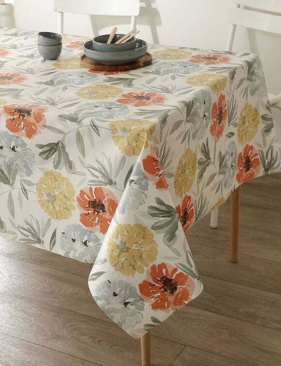Nappe toile cirée imprimé grosses fleurs (jaune / corail)