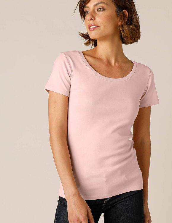 T-shirt col rond uni manches courtes en coton biologique(**) (rose poudré)