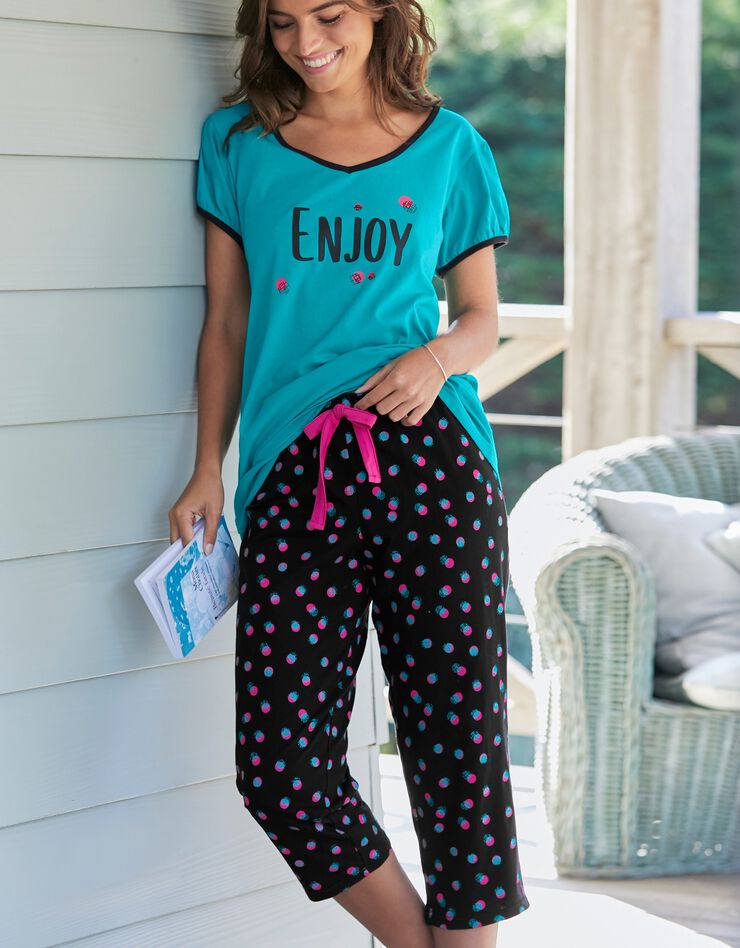Pantacourt pyjama imprimé à pois  (noir / fuchsia)